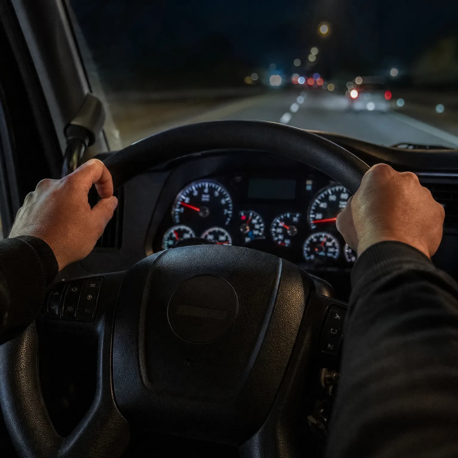 View from a driver's seat at night showing two hands gripping a steering wheel, an illuminated instrument cluster, and blurred vehicle lights on the road ahead.